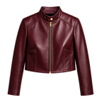 Women’s Wine Red Cropped Genuine Leather Jacket | Snap Collar Moto Style