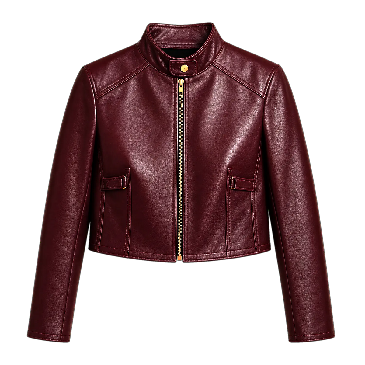 Women’s Wine Red Cropped Genuine Leather Jacket | Snap Collar Moto Style