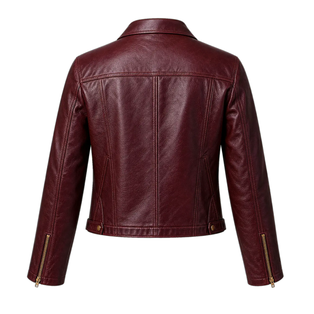 Women’s Wine Red Cropped Genuine Leather Jacket | Snap Collar Moto Style
