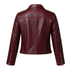 Women’s Wine Red Cropped Genuine Leather Jacket | Snap Collar Moto Style