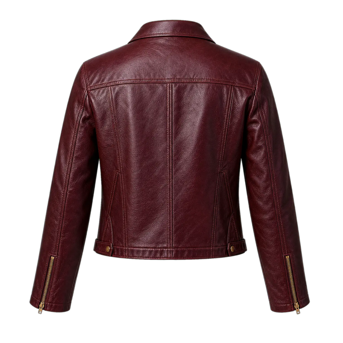 Women’s Wine Red Cropped Genuine Leather Jacket | Snap Collar Moto Style