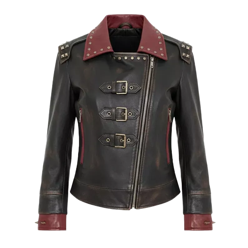 Women’s Battle-Red Vintage Biker Jacket | Dual Tone Leather Moto