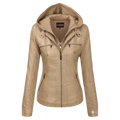 Women’s Beige Hooded Faux Leather Moto Jacket | Zip-Up Biker Style
