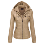 Women’s Beige Hooded Faux Leather Moto Jacket | Zip-Up Biker Style