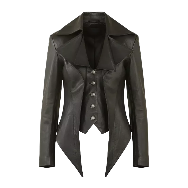 Women’s Black Gothic Edwardian Mid-Length Leather Jacket