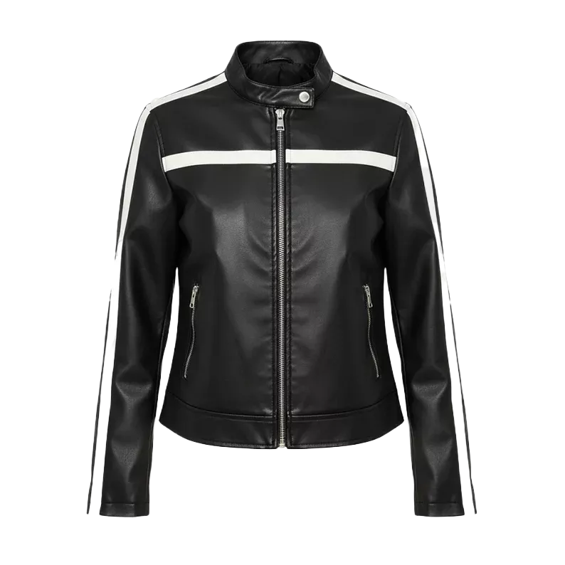 Women’s Black & White Color | Block Faux Leather Moto Jacket