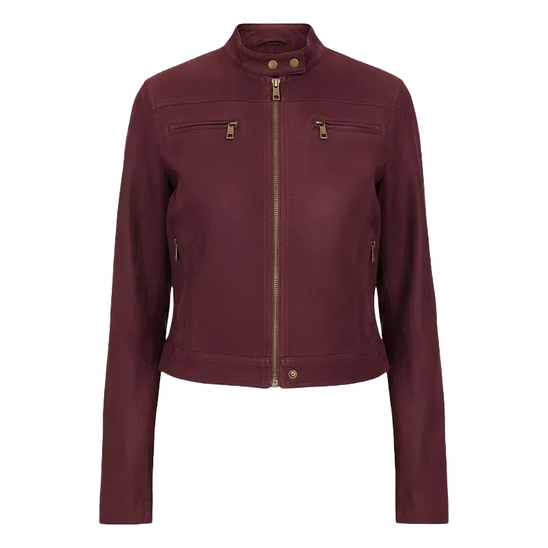 Women’s Burgundy Cropped Leather Jacket | Classic Zip Moto Style