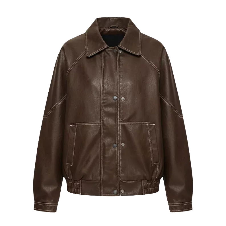 Women’s Oversized Faux Leather Bomber Jacket | Brown Zip-Up Coat