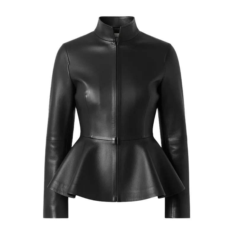 Women’s Premium Leather Peplum Jacket | High-Neck Tailored Silhouette