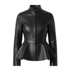Women’s Premium Leather Peplum Jacket | High-Neck Tailored Silhouette