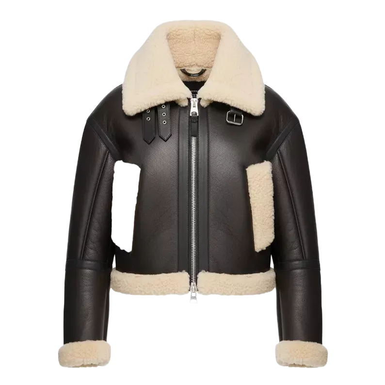 Women’s Shearling Collar Leather Jacket | Chocolate Brown Winter Coat