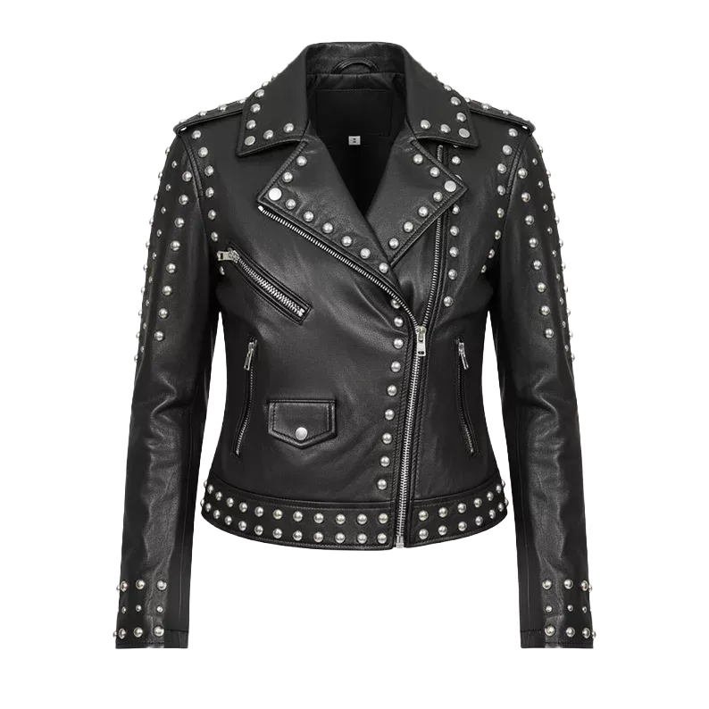 Women’s Studded Biker Leather Jacket | Black Moto Style