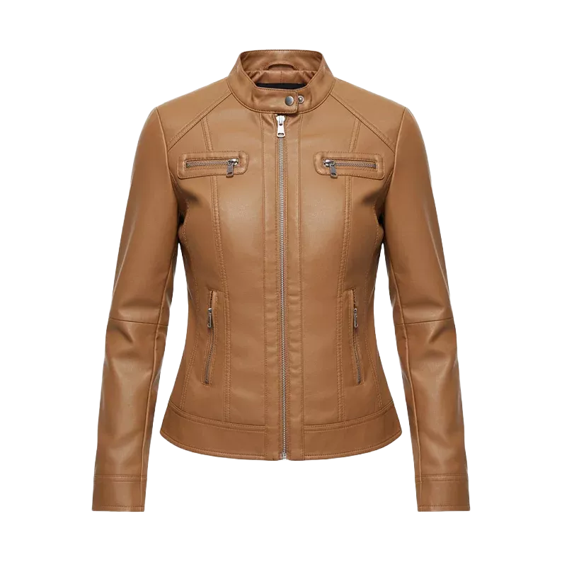 Women’s Tan Leather Jacket | Front Zip Moto Style