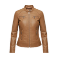 Women’s Tan Leather Jacket | Front Zip Moto Style