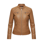 Women’s Tan Leather Jacket | Front Zip Moto Style