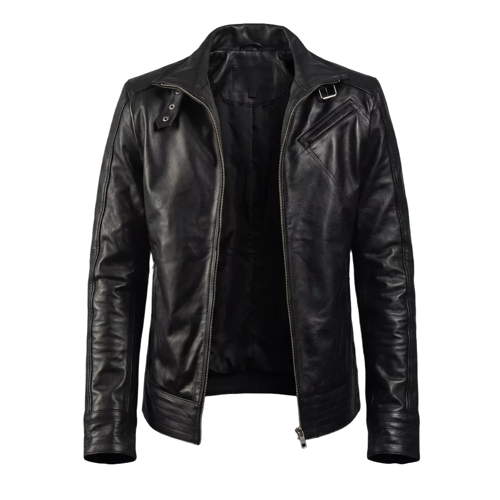 Men’s Black Leather Cafe Racer Jacket | Buckle Collar Biker Style