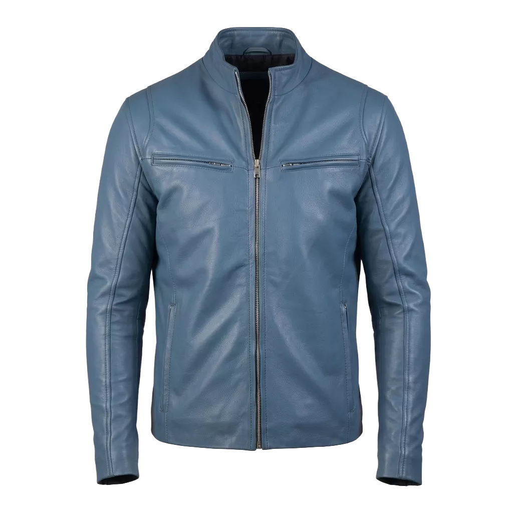 Men’s Light Blue Leather Cafe Racer Jacket | Minimalist Biker Style