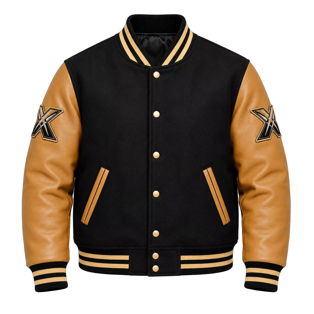 Men’s Black & Tan Varsity Bomber Jacket | Leather Sleeve Letterman Jacket