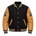 Men’s Black & Tan Varsity Bomber Jacket | Leather Sleeve Letterman Jacket