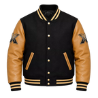 Men’s Black & Tan Varsity Bomber Jacket | Leather Sleeve Letterman Jacket