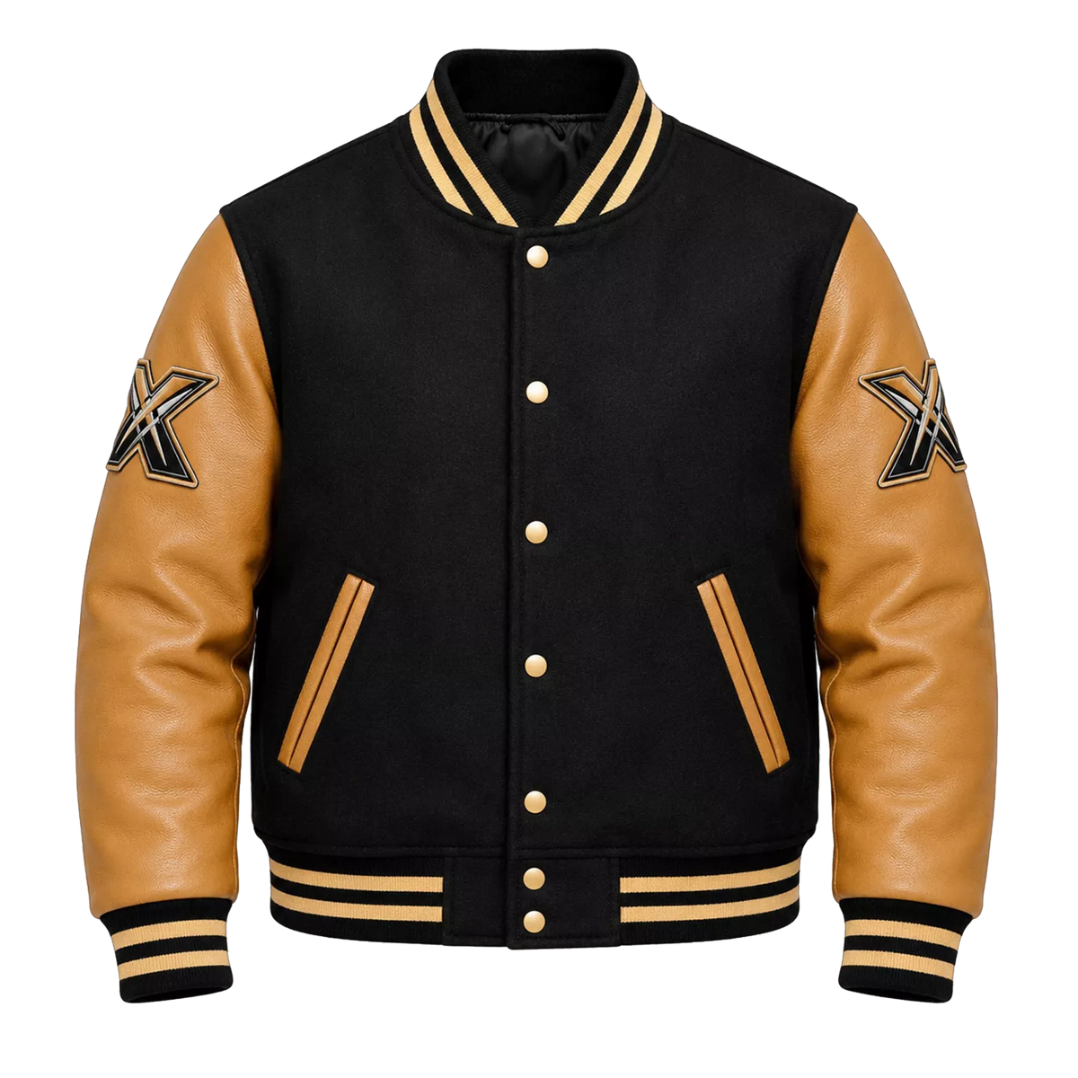 Men’s Black & Tan Varsity Bomber Jacket | Leather Sleeve Letterman Jacket