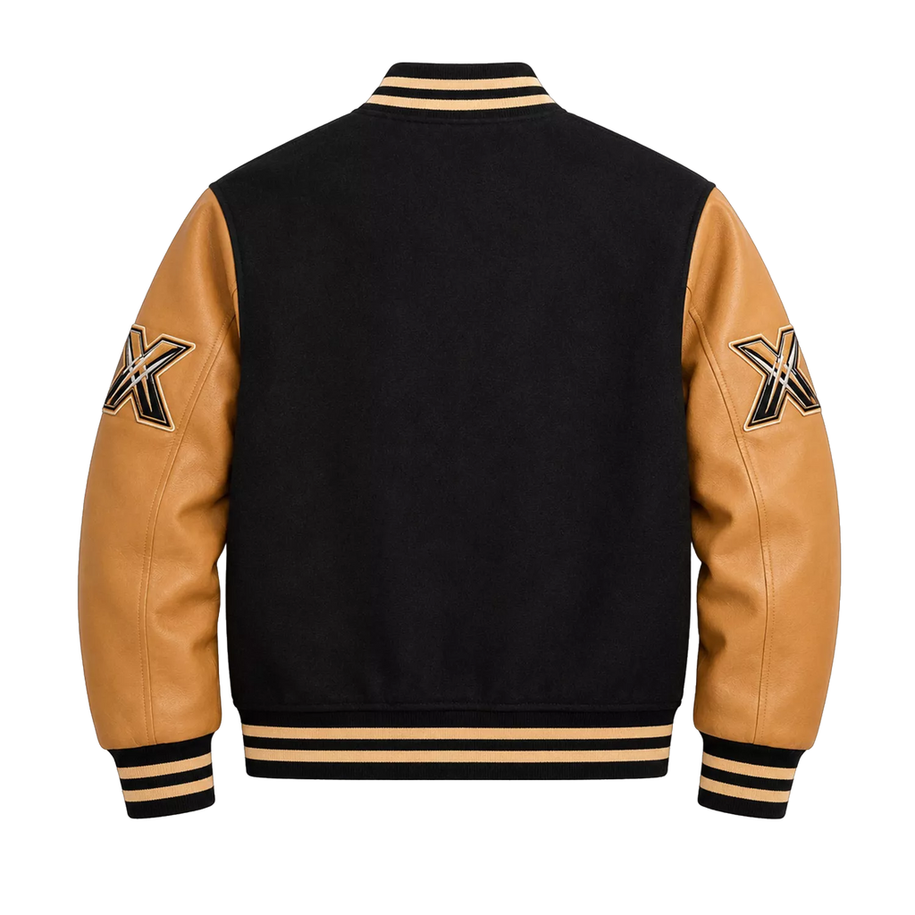 Men’s Black & Tan Varsity Bomber Jacket | Leather Sleeve Letterman Jacket