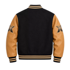 Men’s Black & Tan Varsity Bomber Jacket | Leather Sleeve Letterman Jacket