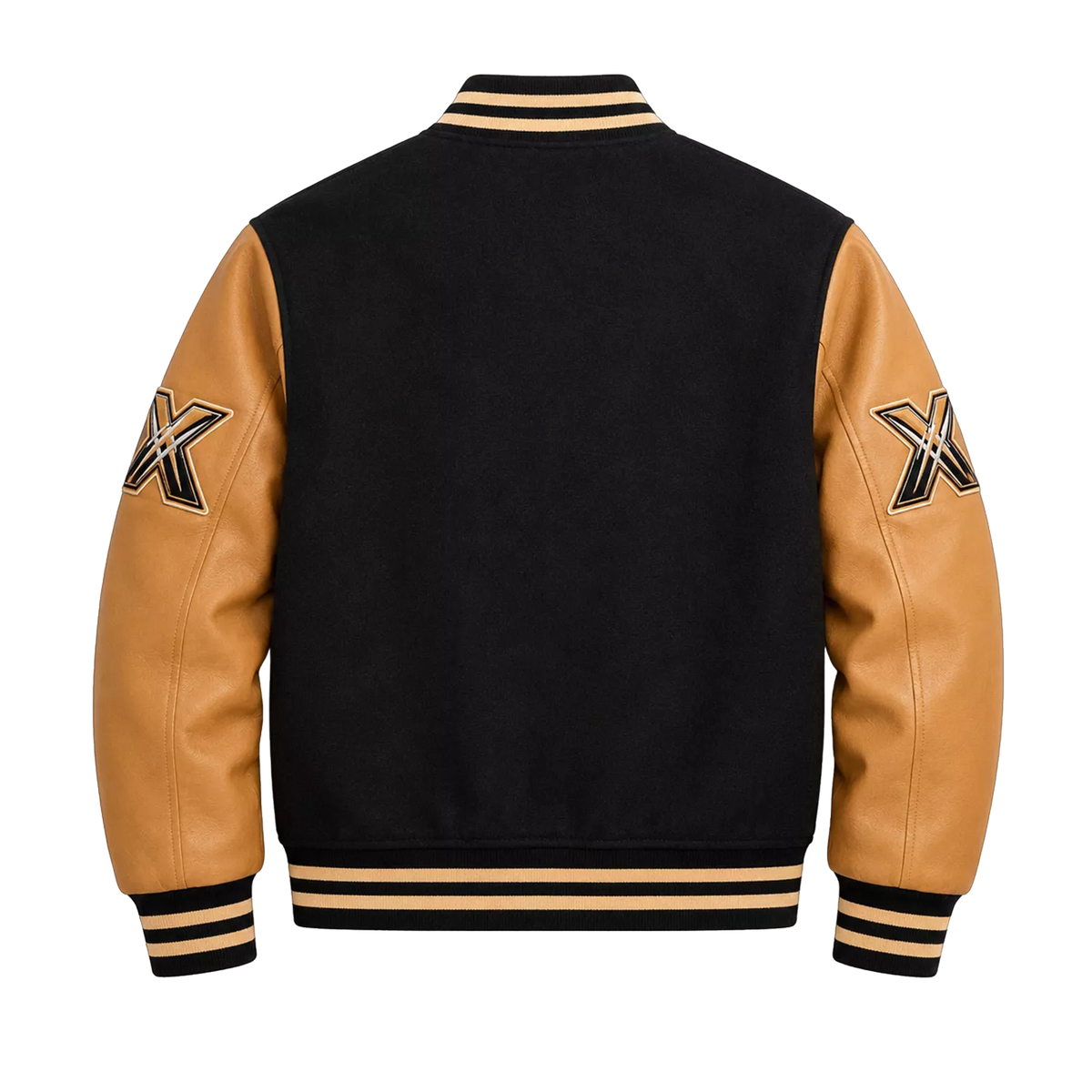 Men’s Black & Tan Varsity Bomber Jacket | Leather Sleeve Letterman Jacket