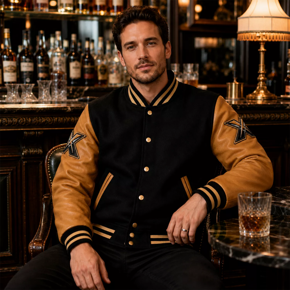 Men’s Black & Tan Varsity Bomber Jacket | Leather Sleeve Letterman Jacket