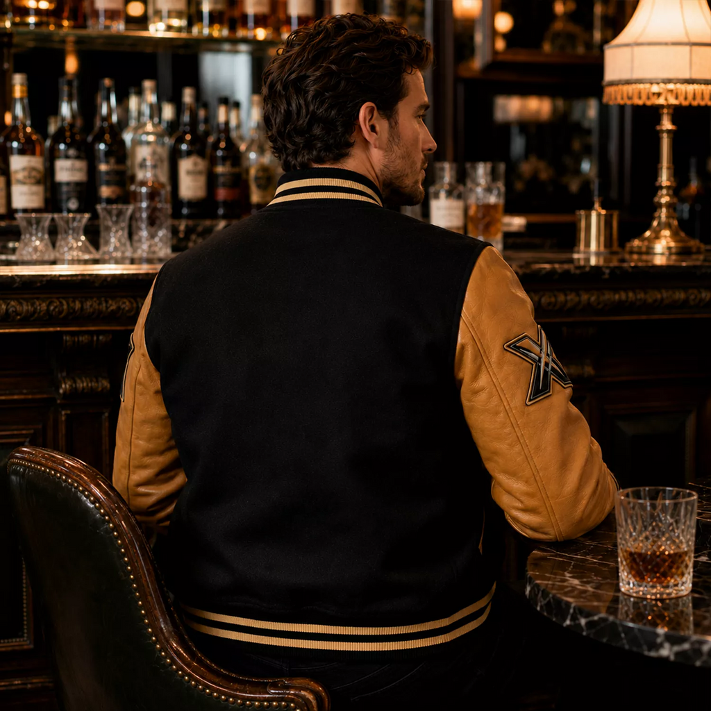 Men’s Black & Tan Varsity Bomber Jacket | Leather Sleeve Letterman Jacket