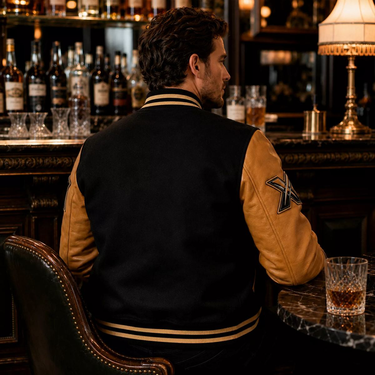 Men’s Black & Tan Varsity Bomber Jacket | Leather Sleeve Letterman Jacket