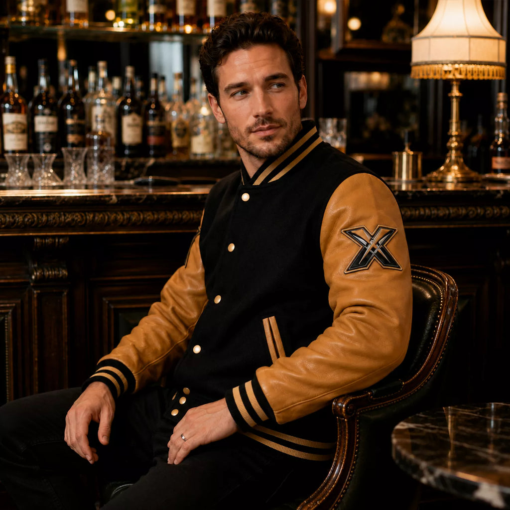 Men’s Black & Tan Varsity Bomber Jacket | Leather Sleeve Letterman Jacket