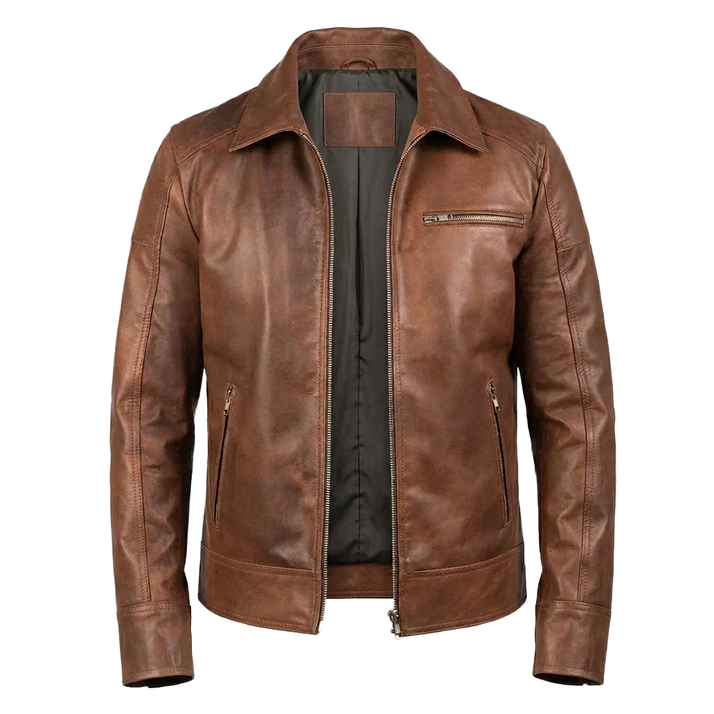 Men’s Brown Leather Casual Zip Jacket with Chest Pocket