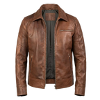 Men’s Brown Leather Casual Zip Jacket with Chest Pocket