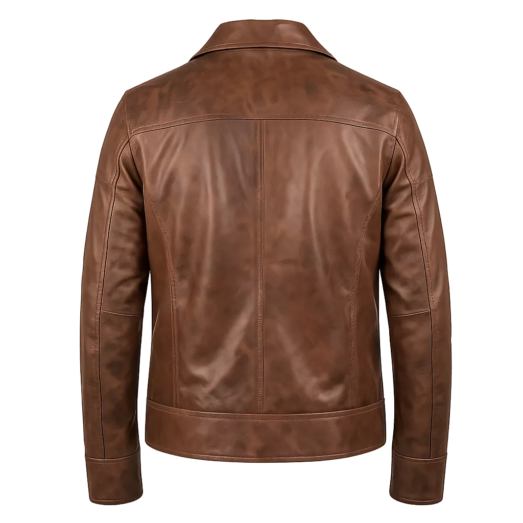 Men’s Brown Leather Casual Zip Jacket with Chest Pocket