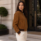 Women’s Tan Brown Suede Bomber Jacket | Ribbed Collar Zip-Up Jacket