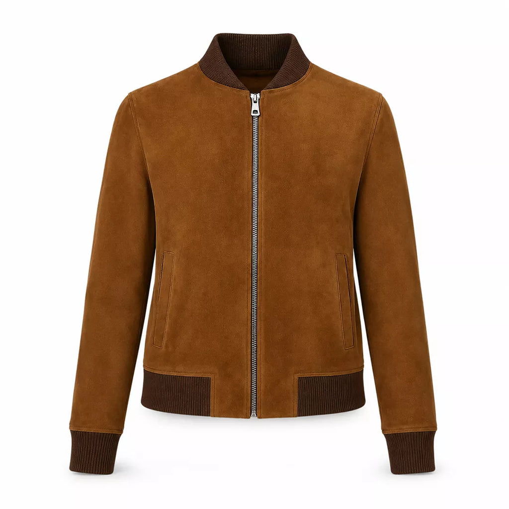 Women’s Tan Brown Suede Bomber Jacket | Ribbed Collar Zip-Up Jacket