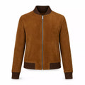 Women’s Tan Brown Suede Bomber Jacket | Ribbed Collar Zip-Up Jacket