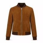 Women’s Tan Brown Suede Bomber Jacket | Ribbed Collar Zip-Up Jacket