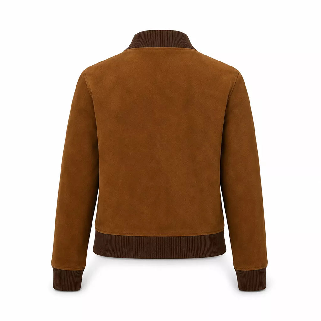Women’s Tan Brown Suede Bomber Jacket | Ribbed Collar Zip-Up Jacket