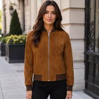 Women’s Tan Brown Suede Bomber Jacket | Ribbed Collar Zip-Up Jacket