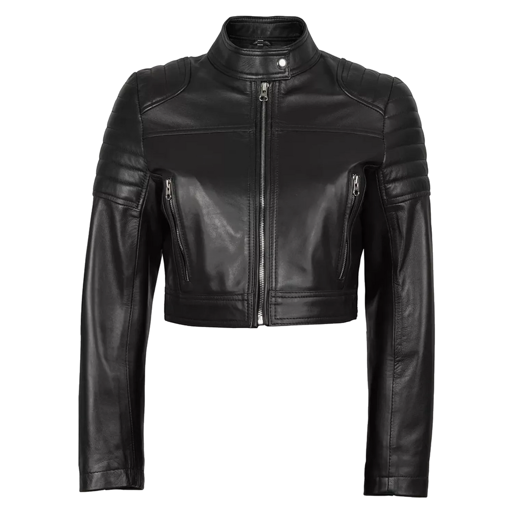 Women’s Black Cropped Leather Biker Jacket | Quilted Shoulder Moto Jacket