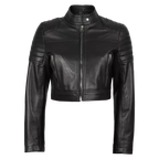 Women’s Black Cropped Leather Biker Jacket | Quilted Shoulder Moto Jacket