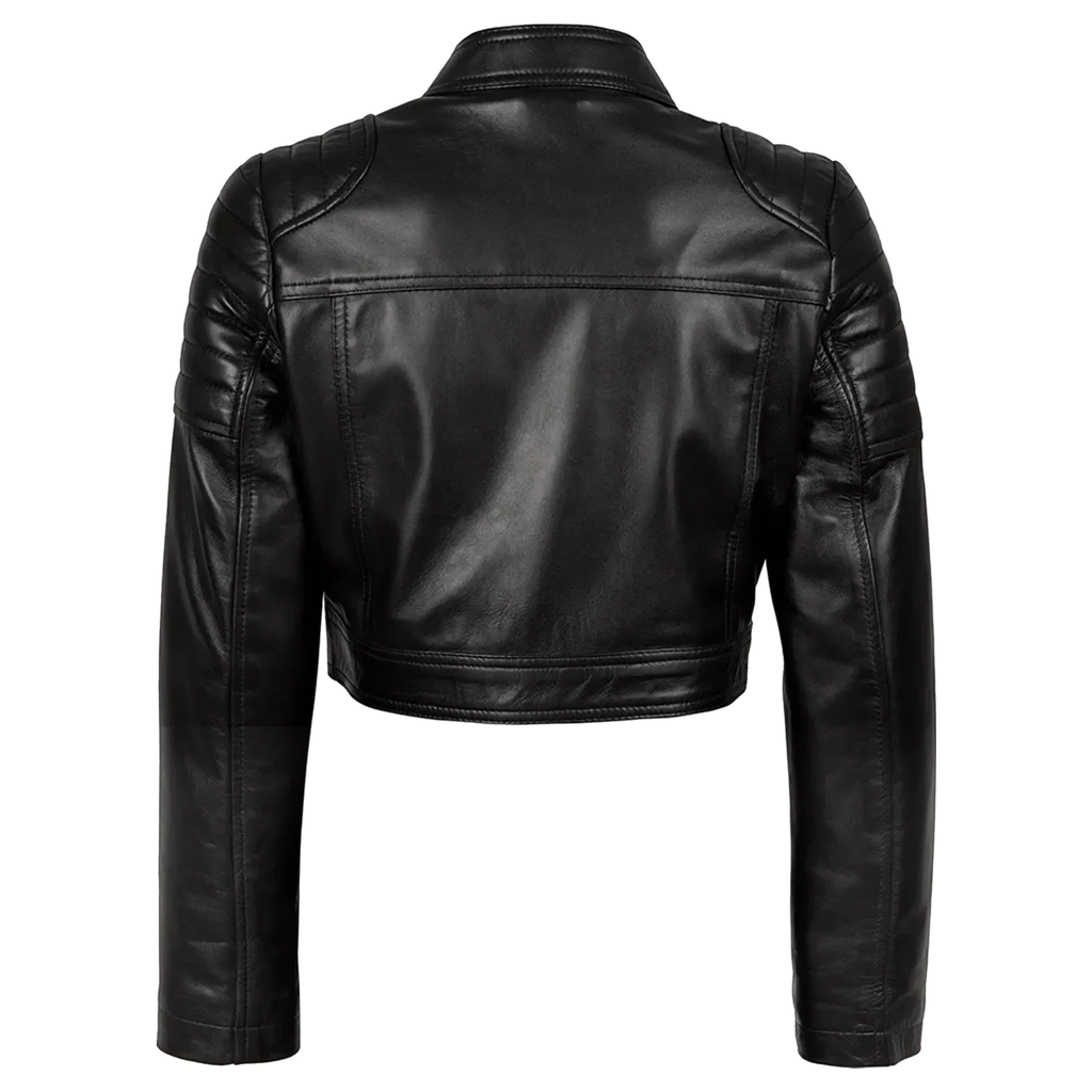 Women’s Black Cropped Leather Biker Jacket | Quilted Shoulder Moto Jacket
