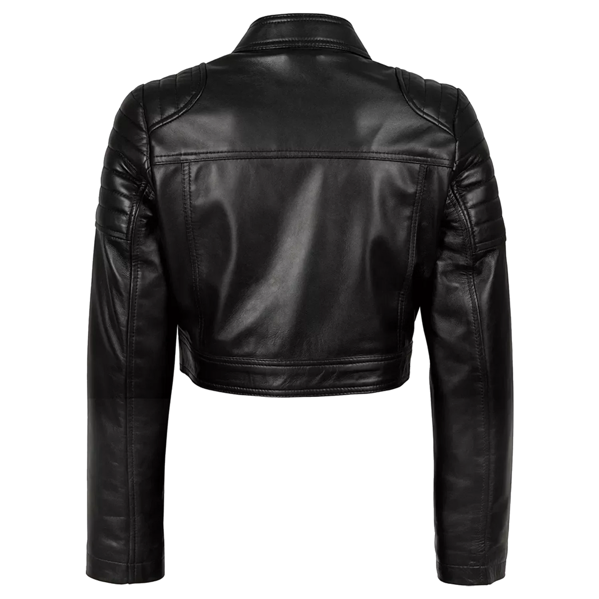 Women’s Black Cropped Leather Biker Jacket | Quilted Shoulder Moto Jacket