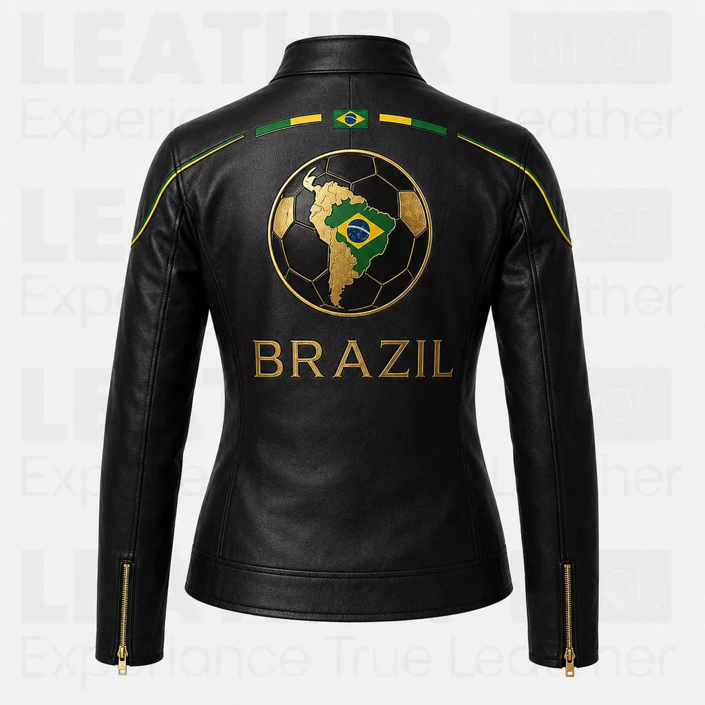 Women’s Brazil Soccer Fan Leather Jacket | Black Gold Zip Biker Jacket