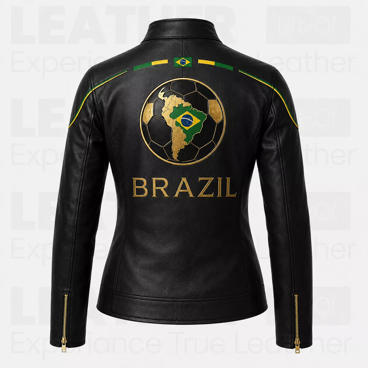 Women’s Brazil Soccer Fan Leather Jacket | Black Gold Zip Biker Jacket