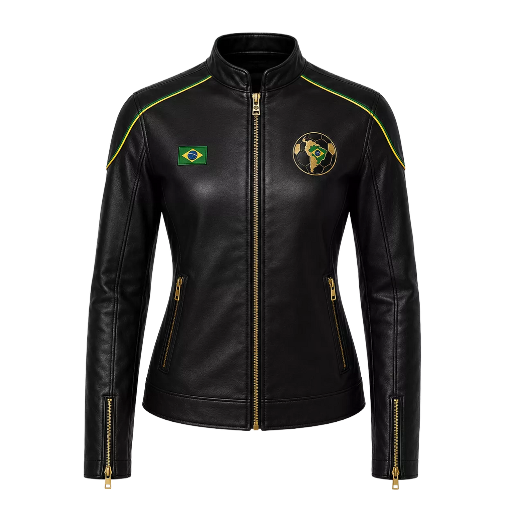 Women’s Brazil Soccer Fan Leather Jacket | Black Gold Zip Biker Jacket