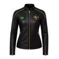 Women’s Brazil Soccer Fan Leather Jacket | Black Gold Zip Biker Jacket