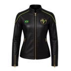 Women’s Brazil Soccer Fan Leather Jacket | Black Gold Zip Biker Jacket